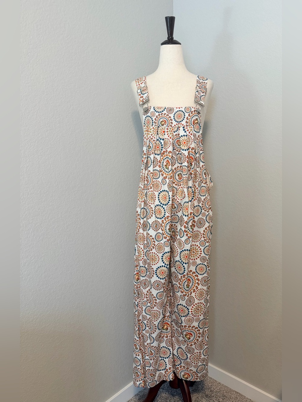 Gypsy Rose Cotton Mushroom Burst Print Wide Leg Overalls Jumpsuit - Size S/M